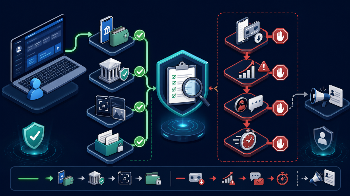 A control dashboard outlining platform evaluation steps and financial stop rules